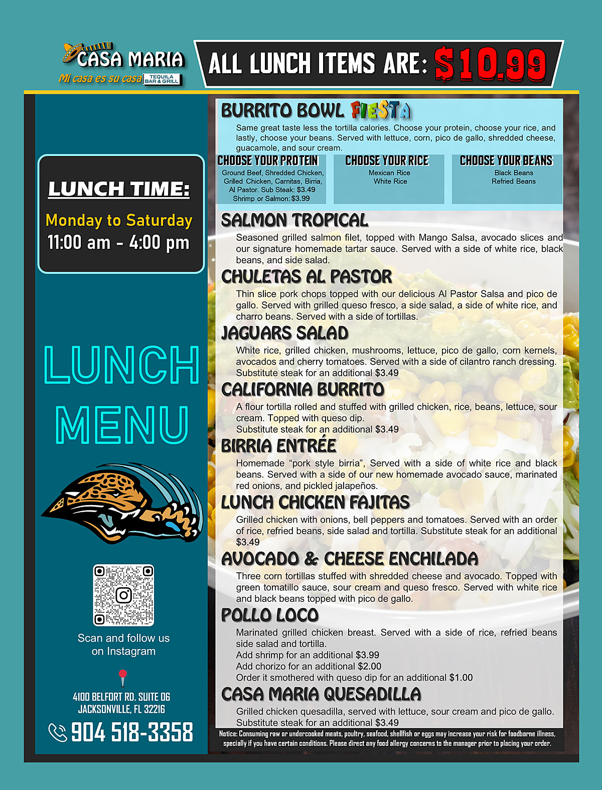 Casa Maria Tequila Bar & Grill Lunch Menu