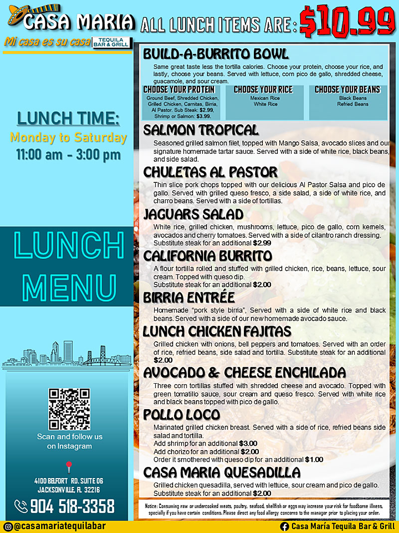 Casa Maria Tequila Bar & Grill Lunch Menu